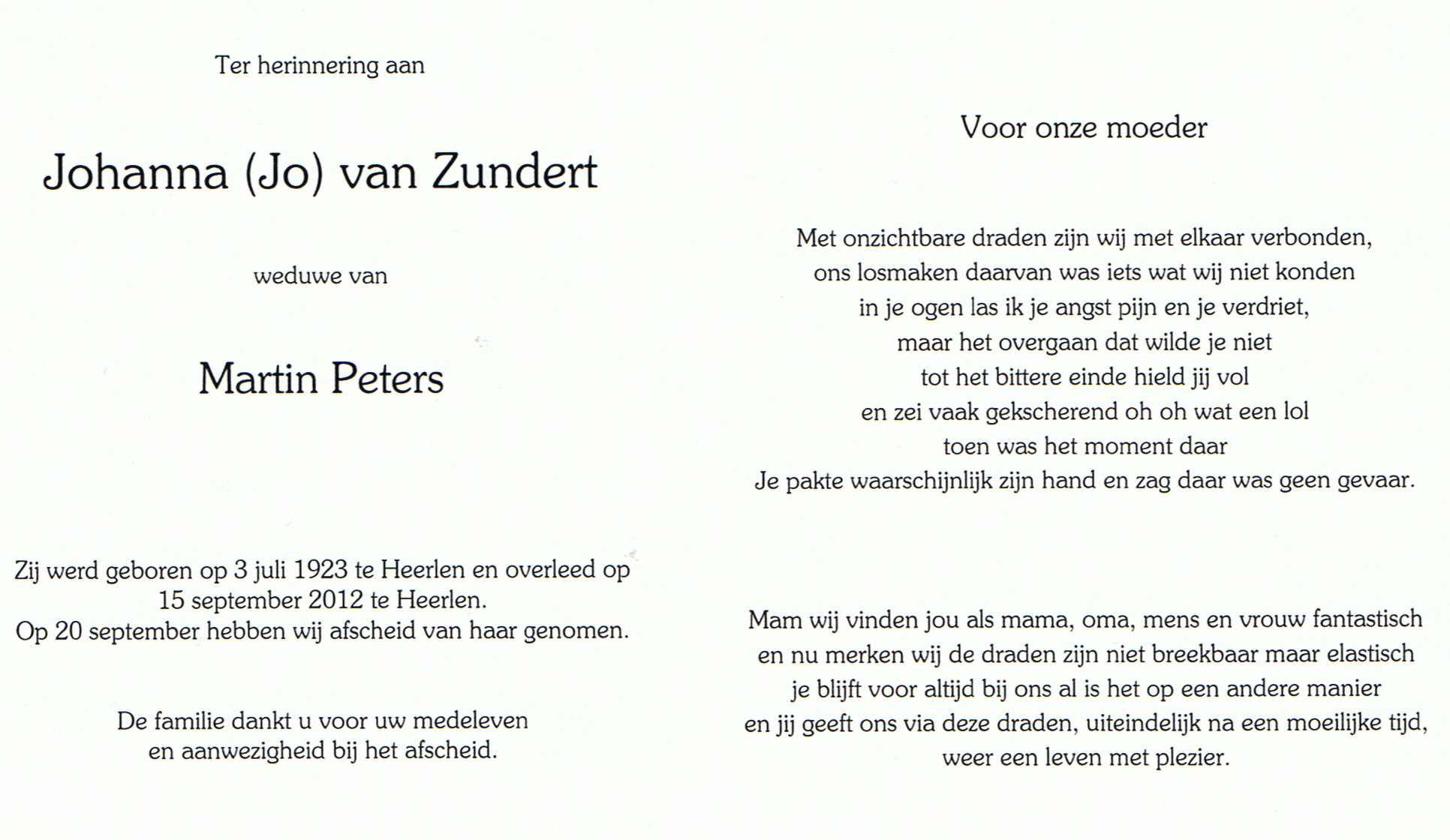 Bidprentje van Johnna (Jo) Peters-van Zundert